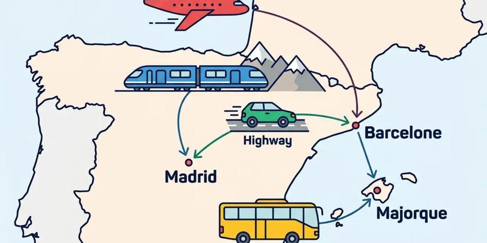 Carte illustrant les trajets en Espagne: avion, train, voiture et bus reliant Madrid, Barcelone, Majorque et d’autres lieux. intègre le mot-clé: comment organiser séjour espagne.