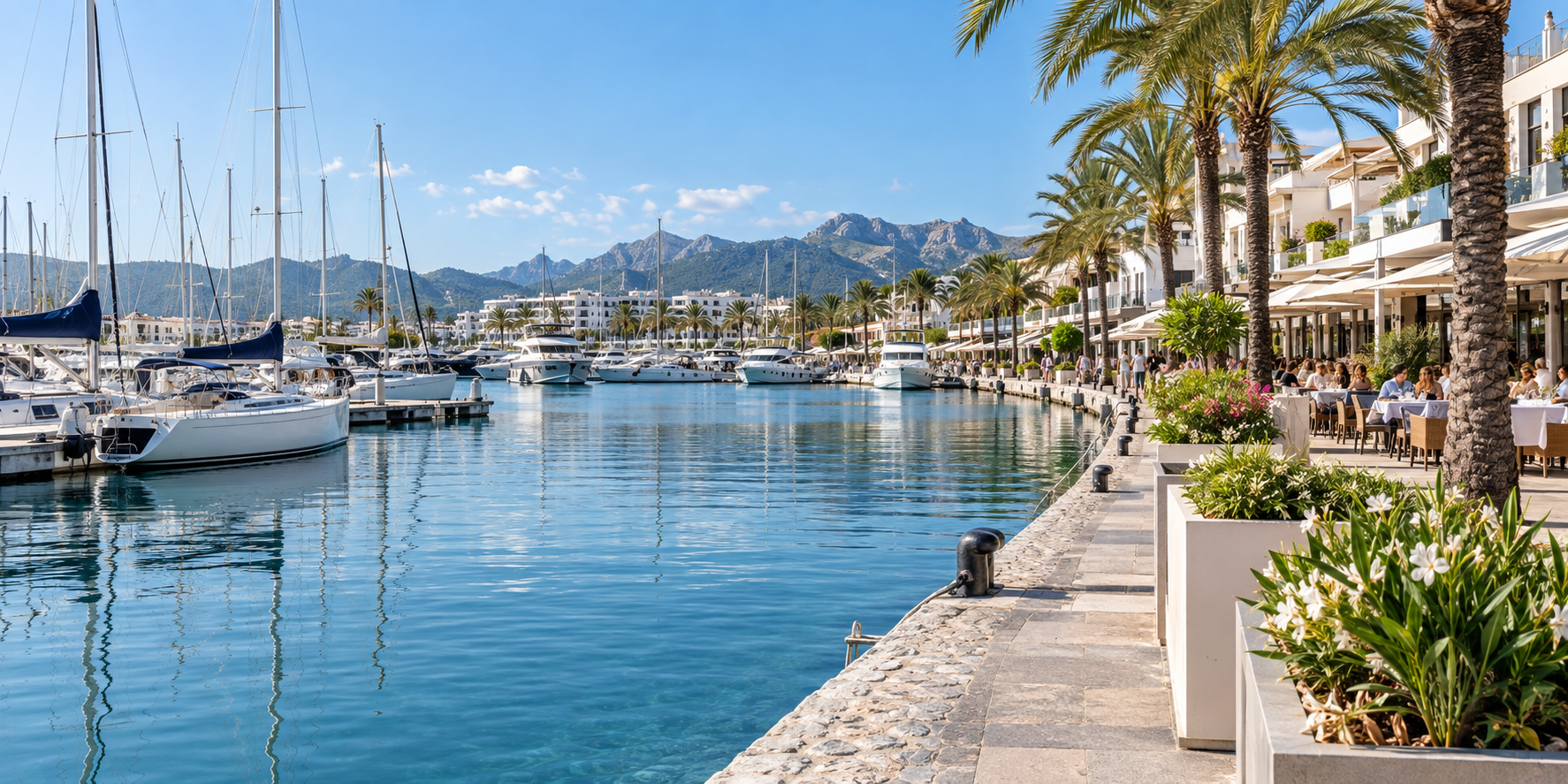Port d’Alcúdia à Majorque avec marina, voiliers, promenade et montagnes au bord de la Méditerranée