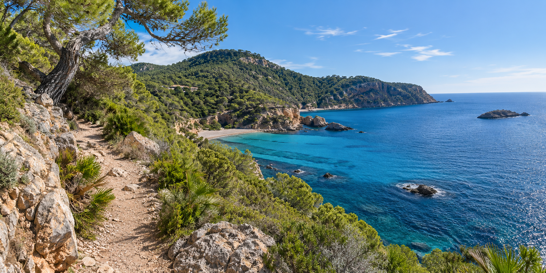 Sentier côtier entre Es Figueral et Aigües Blanques avec pins, falaises et mer turquoise à Ibiza