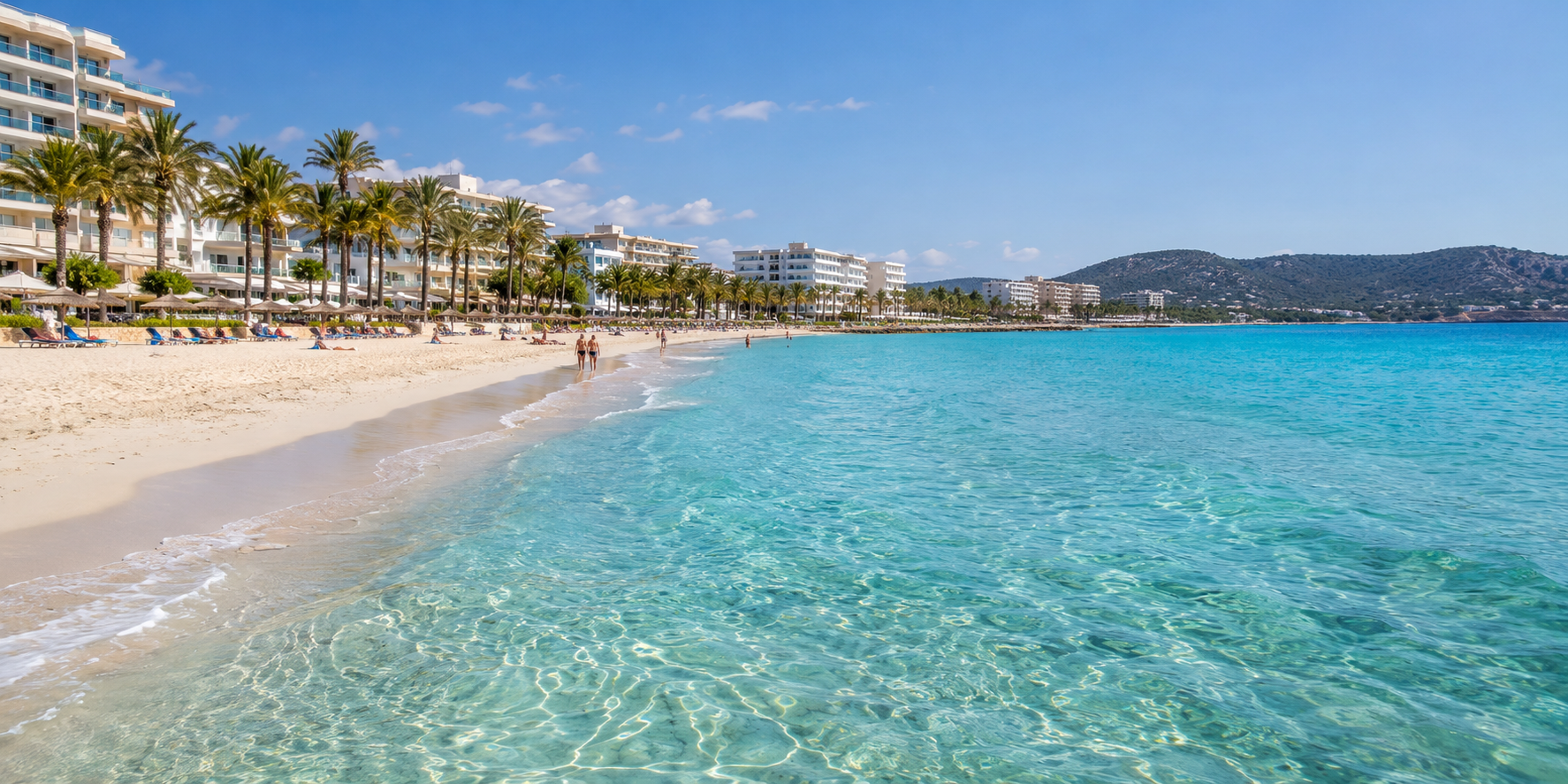 Plage de Cala Millor à Majorque avec sable clair, eau turquoise, palmiers et hôtels en bord de mer