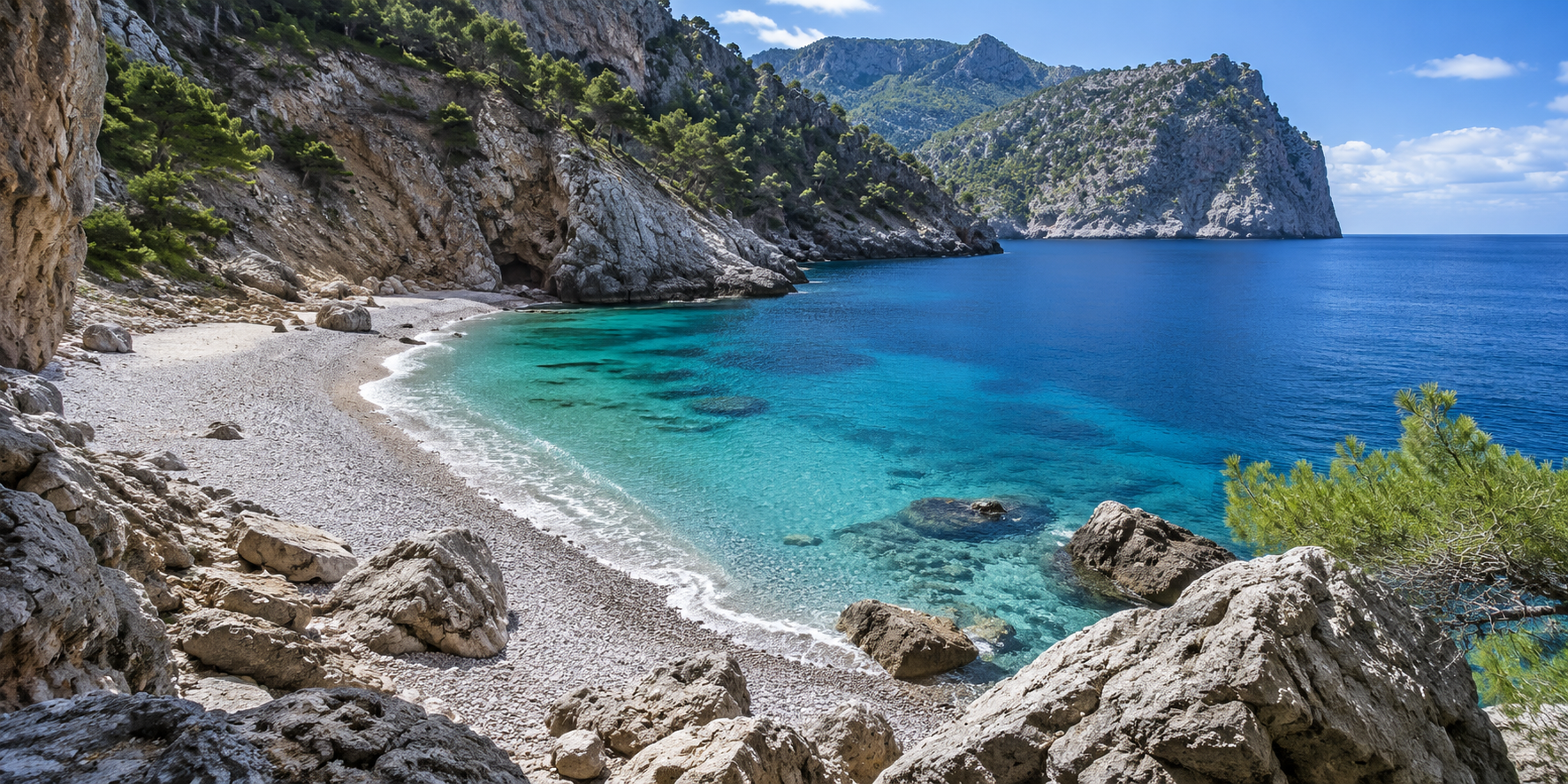Plage sauvage d’Es Coll Baix près d’Alcúdia avec crique turquoise, falaises et montagnes de Majorque