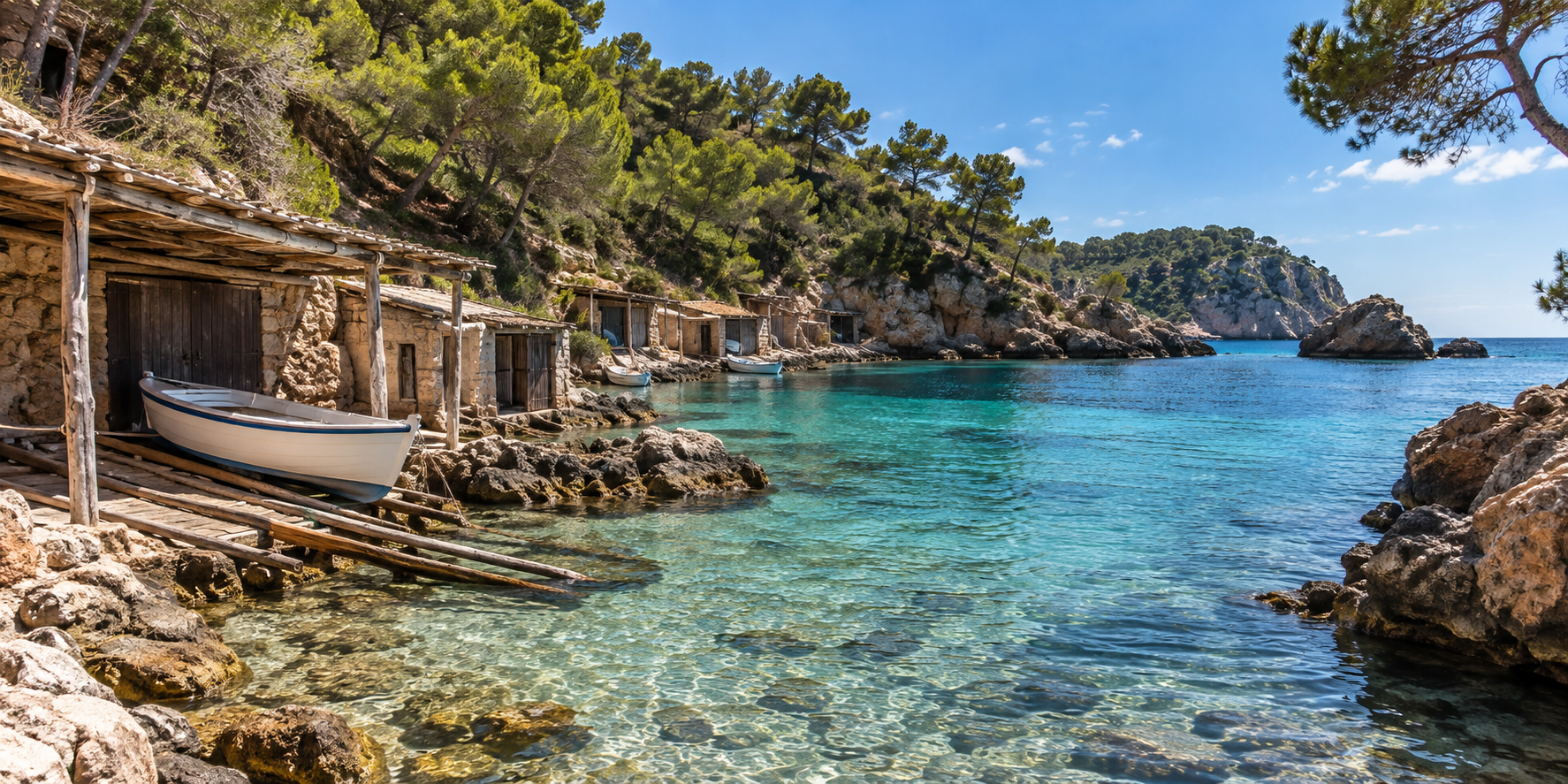 Crique de Pou des Lleó près d’Es Figueral avec cabanes de pêcheurs, barques et eau turquoise