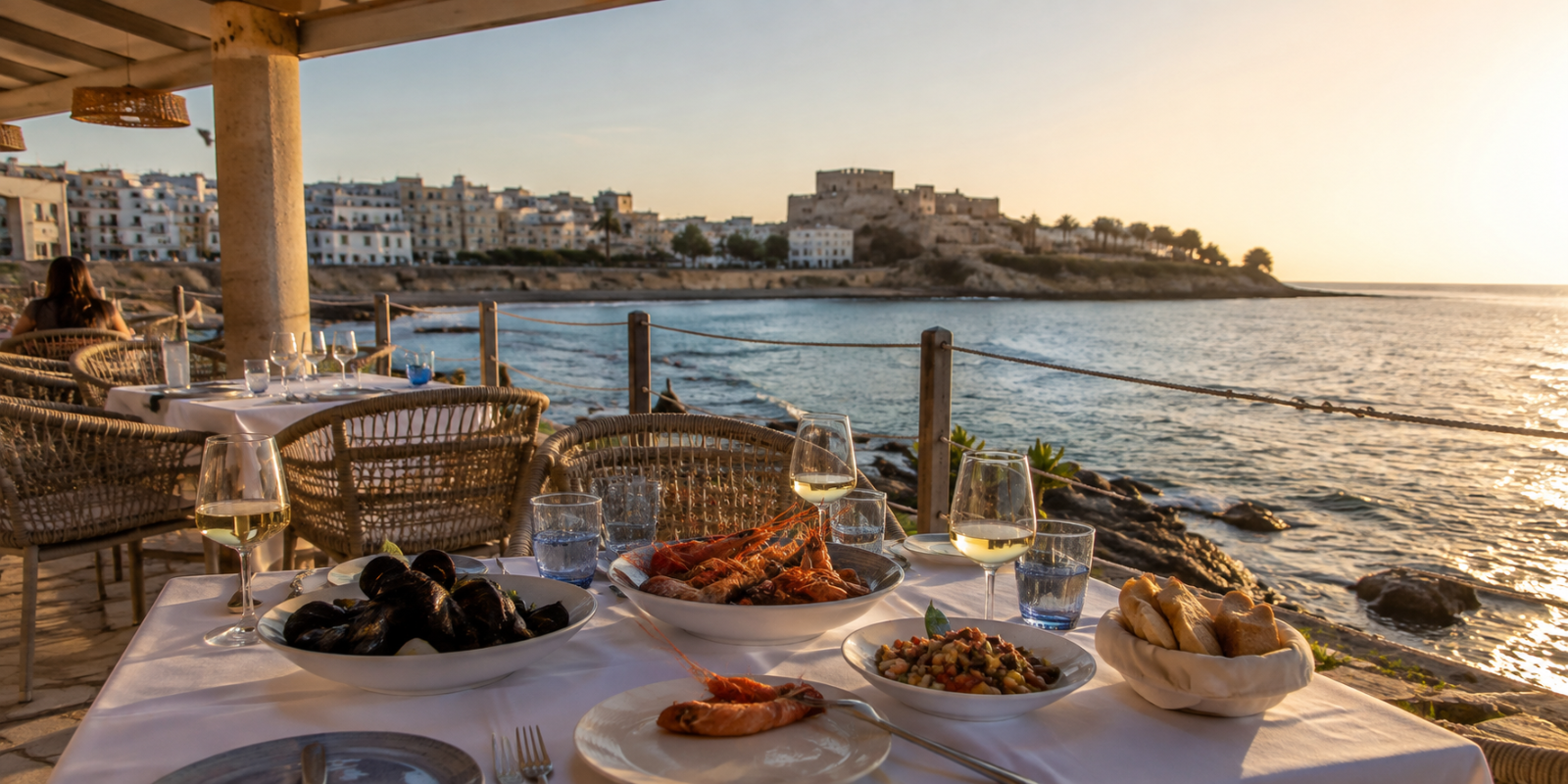 Dîner de fruits de mer face à la Méditerranée à Alcoceber au coucher du soleil
