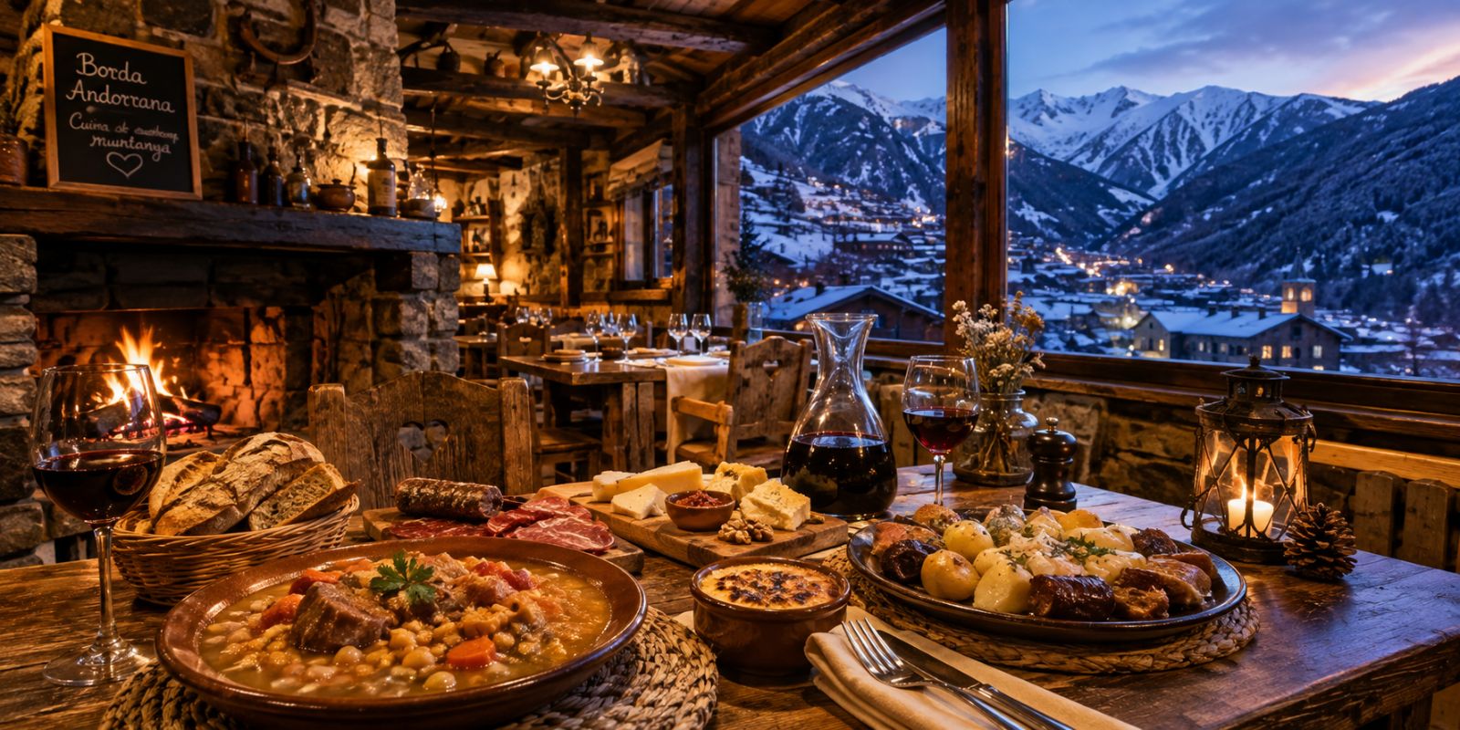 Restaurant montagnard chaleureux face aux sommets enneigés