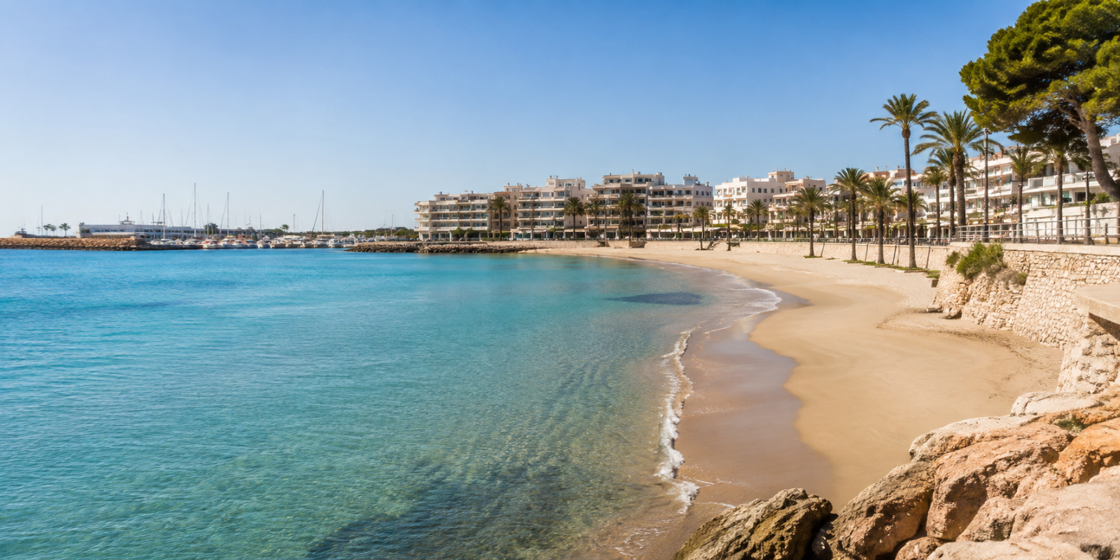 Plage calme d’Alcoceber avec marina, promenade maritime et mer Méditerranée