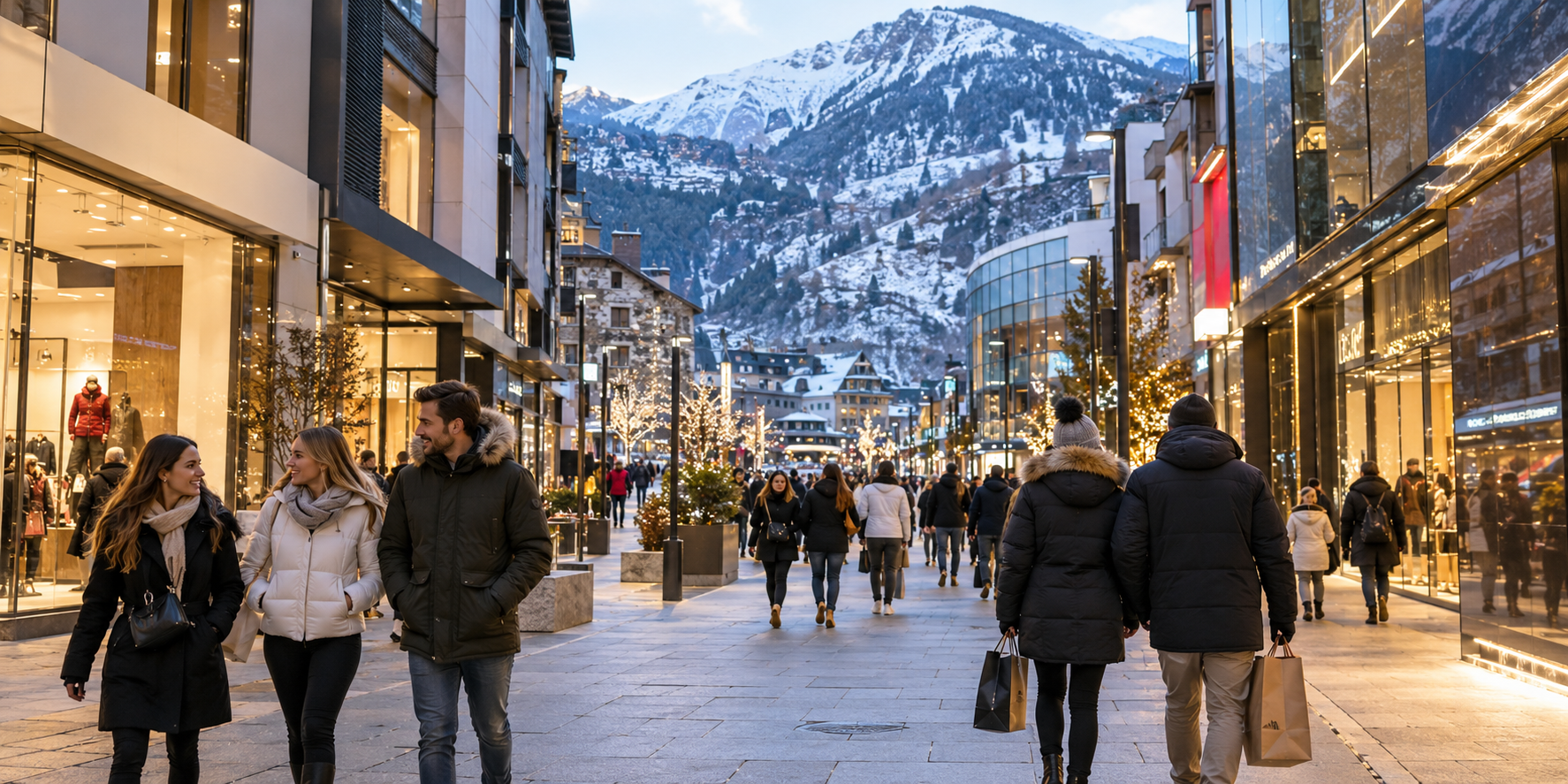 Rue commerçante en Andorre en hiver avec montagnes enneigées en arrière-plan