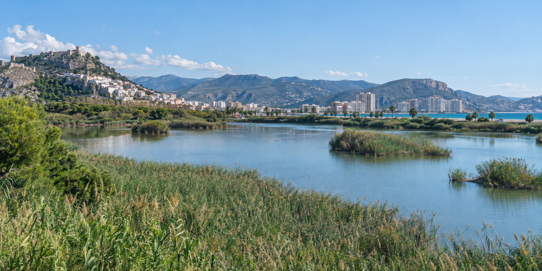 Lagune de l’Estany à Cullera avec végétation naturelle, ville et montagnes en arrière-plan