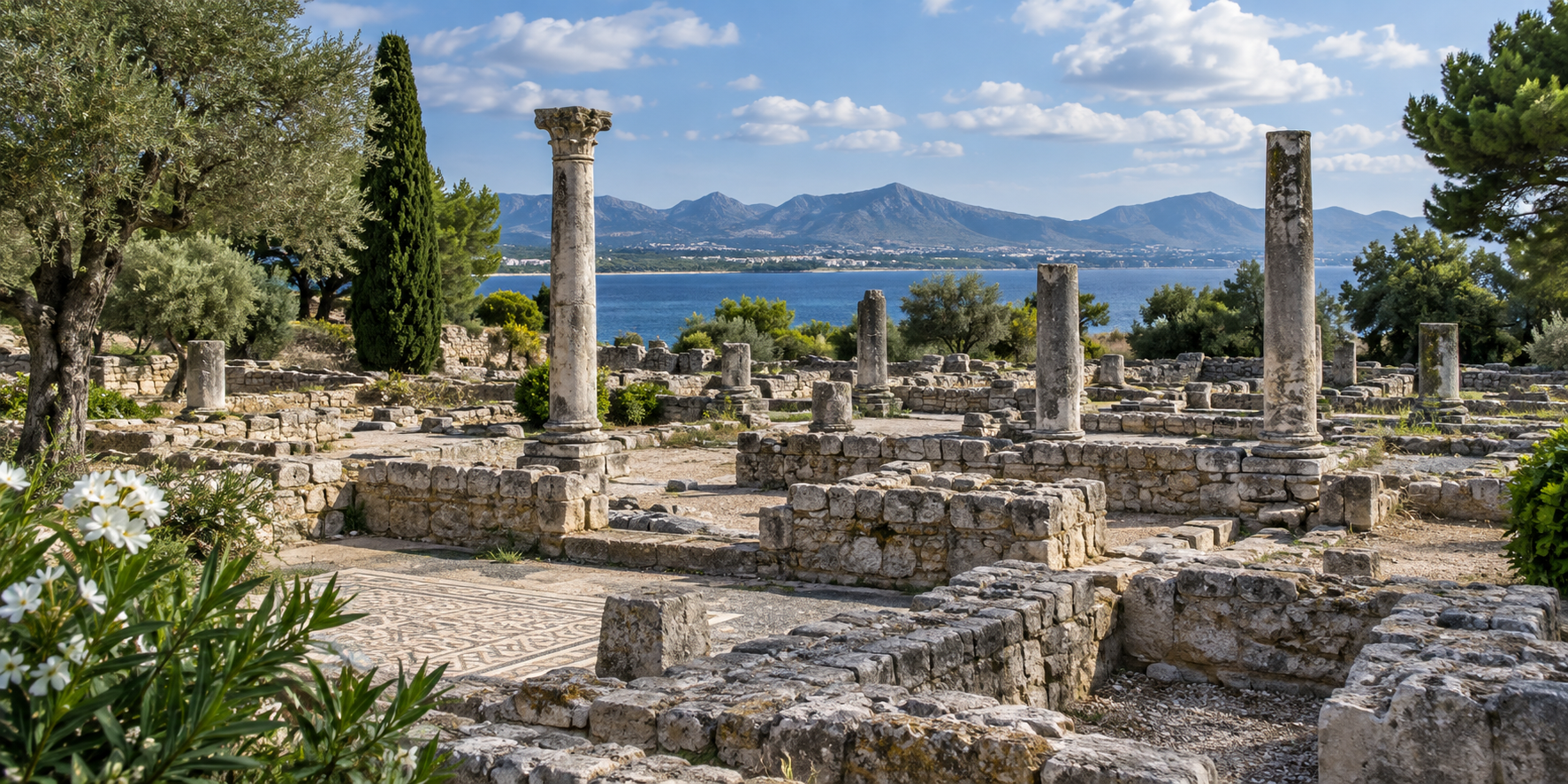 Vestiges de la cité romaine de Pol·lèntia à Alcúdia avec colonnes antiques et paysage méditerranéen
