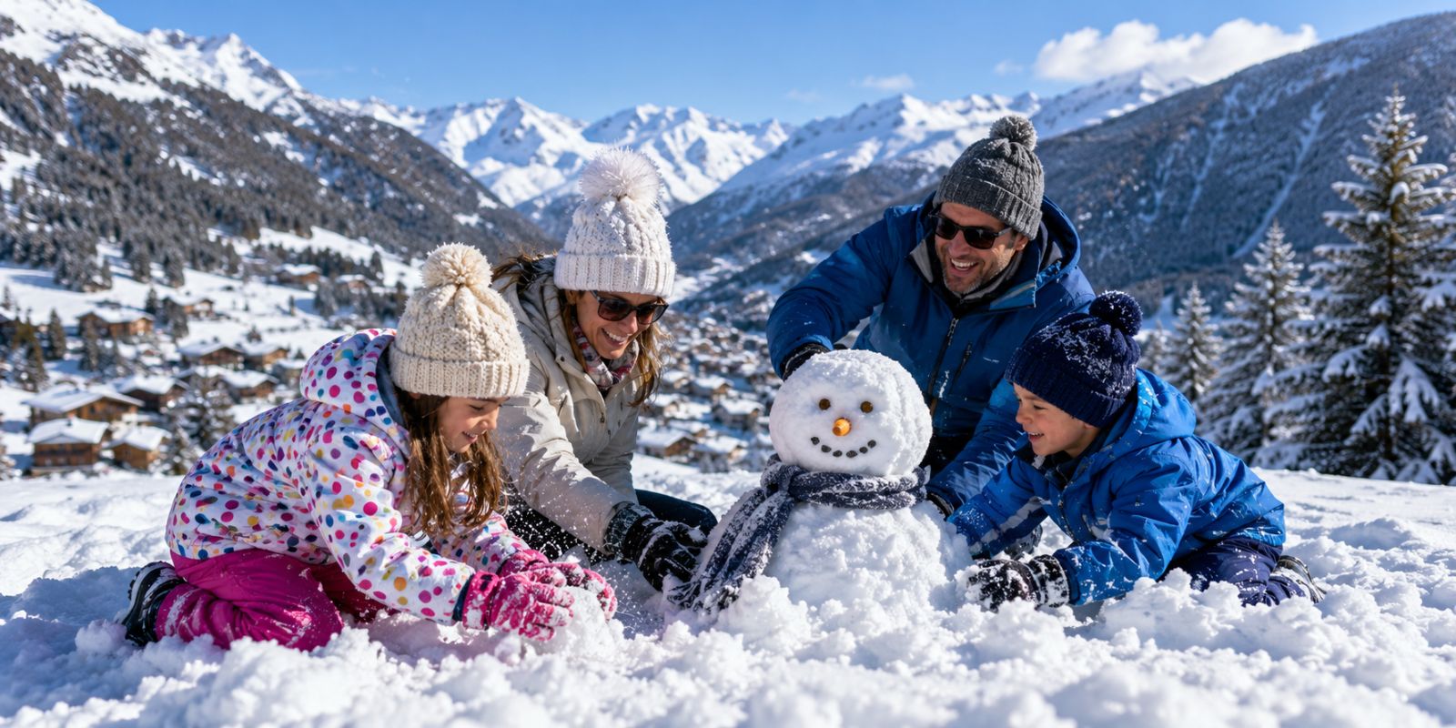Famille heureuse autour du bonhomme de neige