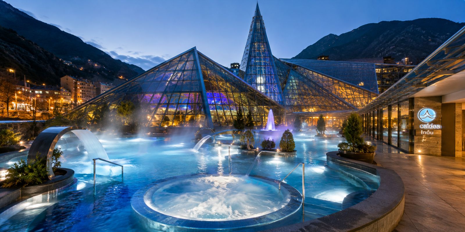 Spa thermal futuriste au crépuscule