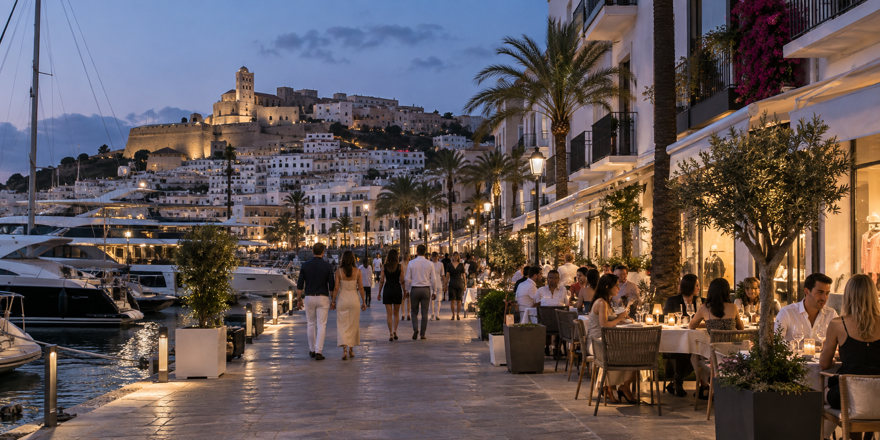 Promenade du port d’Ibiza Ville au crépuscule avec restaurants, palmiers, yachts et Dalt Vila illuminée