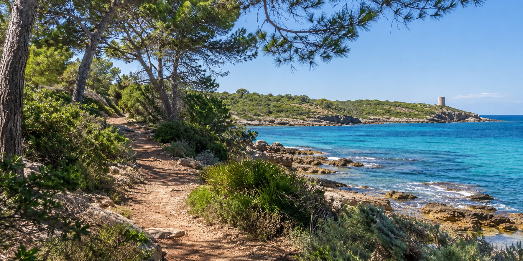 Sentier côtier de Punta de n’Amer entre pins, rochers et mer turquoise près de Cala Millor