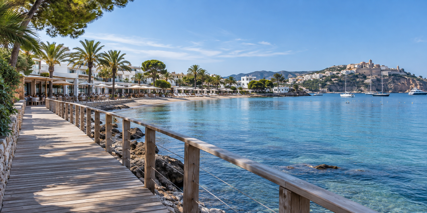 Promenade en bois de Talamanca avec restaurants en bord de mer et Dalt Vila visible au loin