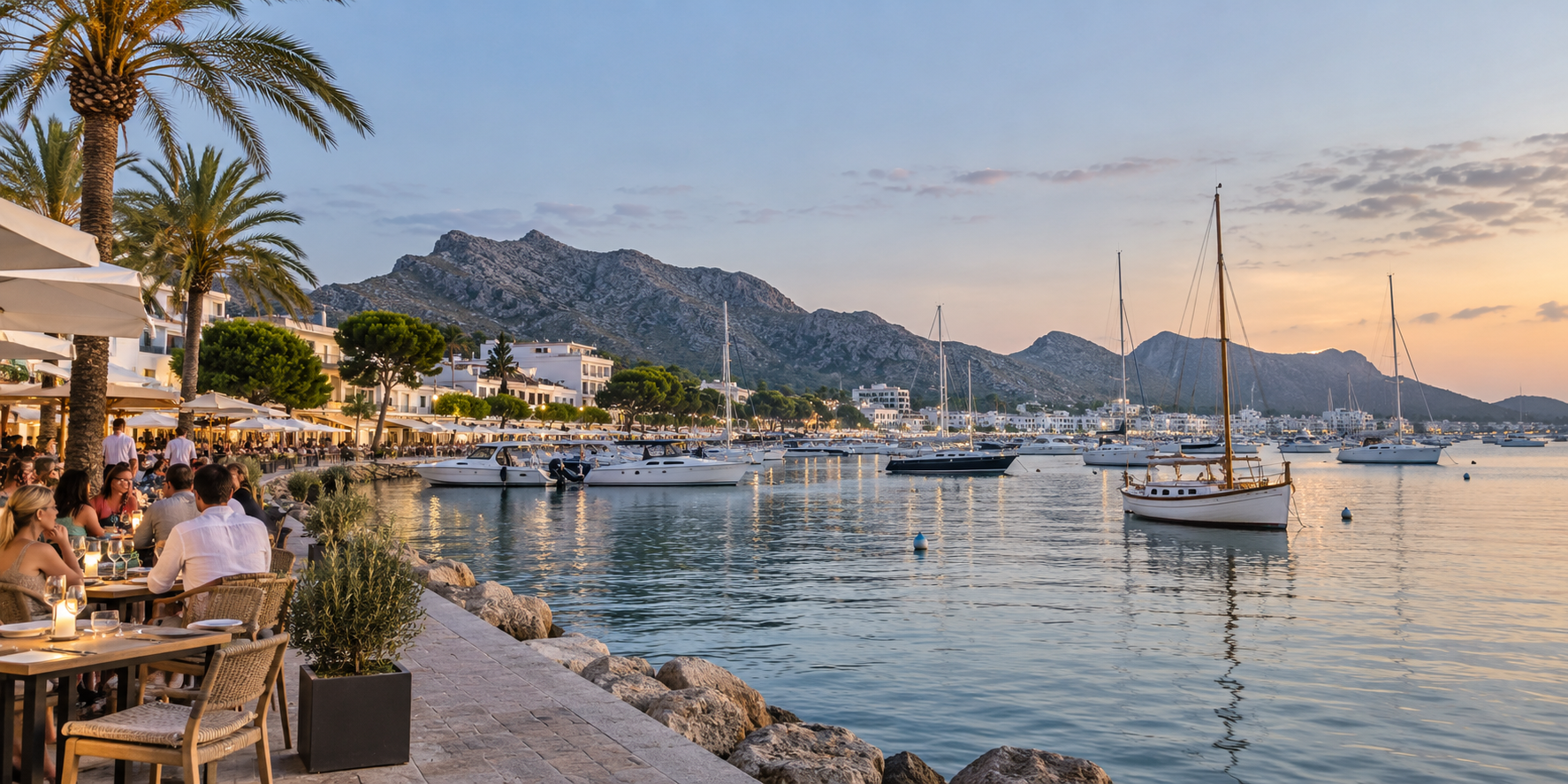 Port de Puerto Pollensa au coucher du soleil avec voiliers, restaurants et montagnes de la baie de Pollença