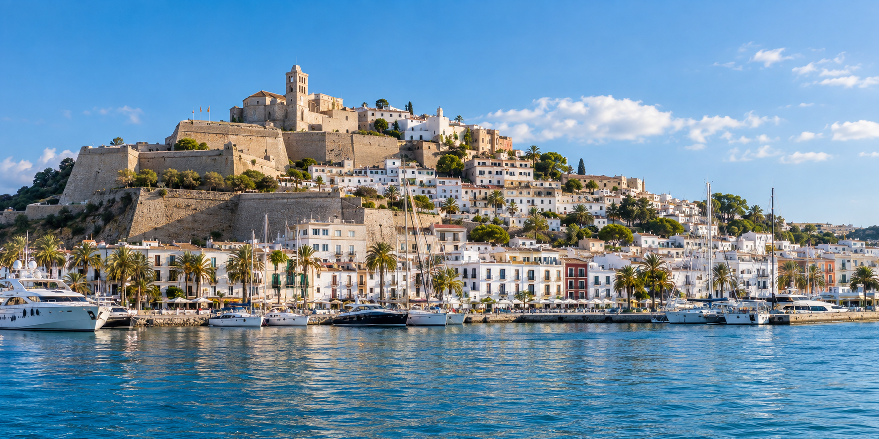 Dalt Vila et le port d’Ibiza avec remparts historiques, maisons blanches, voiliers et mer Méditerranée