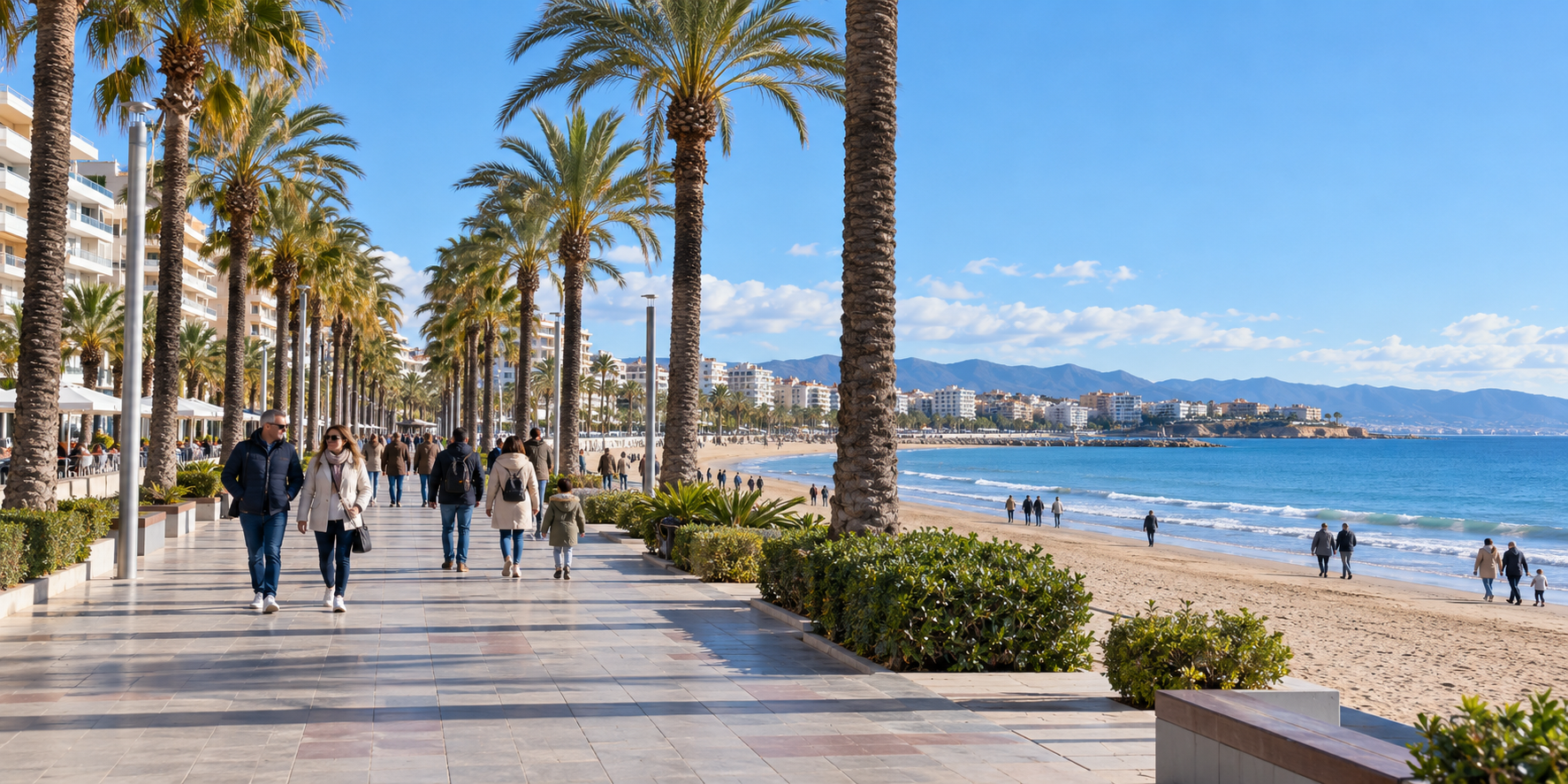 Promenade maritime de Salou en hiver avec palmiers, plage et Méditerranée