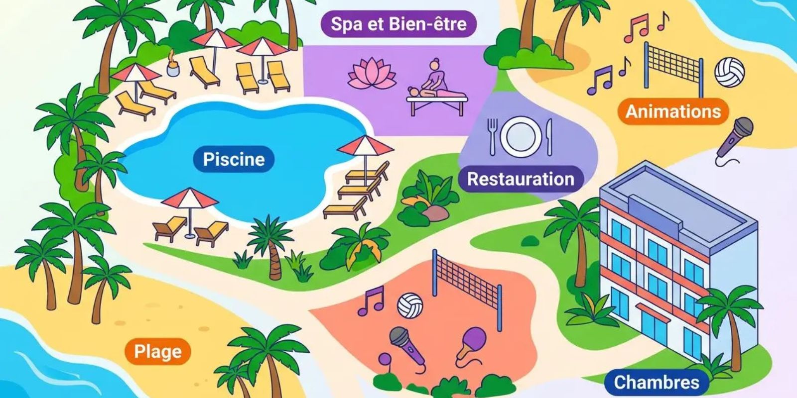 Carte illustrée d’un complexe balnéaire avec piscine, plage, chambres, spa, restaurant, animations et espaces bien-être sur fond tropical. Hôtel all inclusive Espagne.