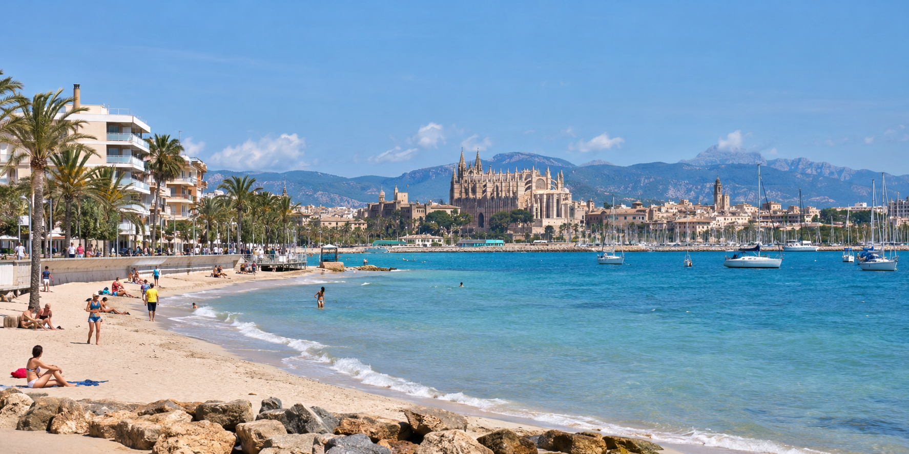 Baie de Palma vue depuis le littoral avec plage, eau turquoise, voiliers et cathédrale de Palma en arrière-plan