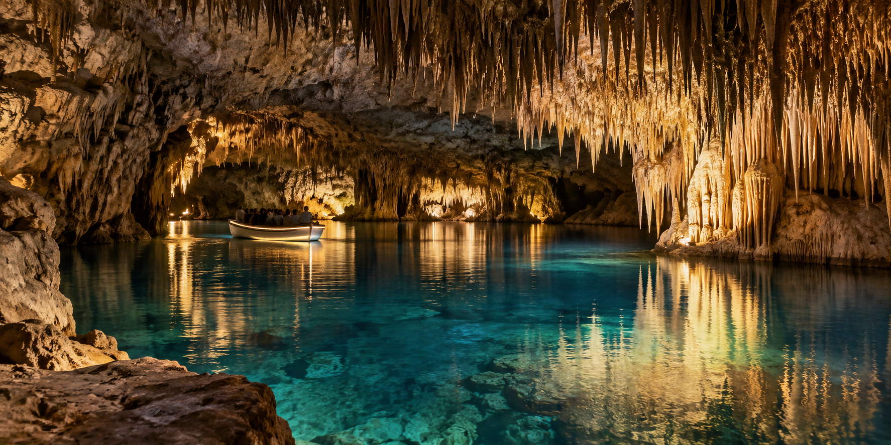 Grottes du Drach à Porto Cristo avec stalactites, lac Martel et barque sur le lac souterrain