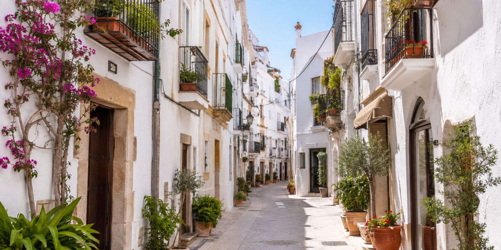 Ruelle blanche fleurie dans le centre historique de Sitges avec balcons, plantes et charme méditerranéen