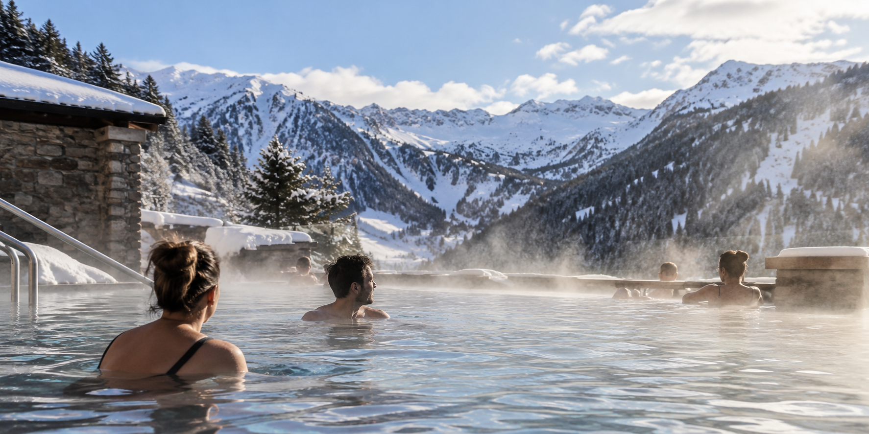 Spa avec bassin chauffé face aux montagnes enneigées d’Andorre