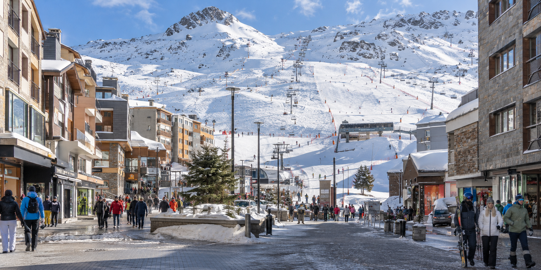 Station de ski en Andorre au pied des pistes avec commerces et montagnes enneigées