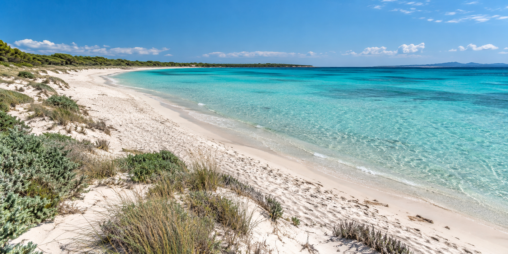 Plage d’Es Trenc à Majorque avec sable blanc, dunes naturelles et eau turquoise cristalline