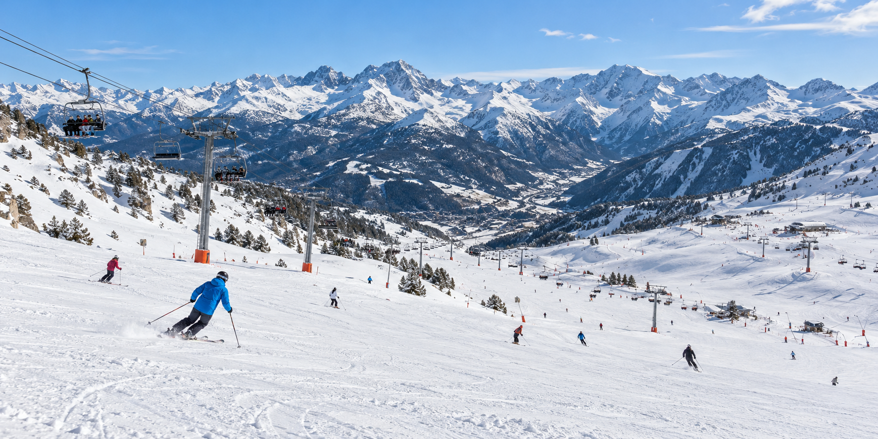 Panorama des pistes de ski en Andorre avec remontées mécaniques et sommets enneigés