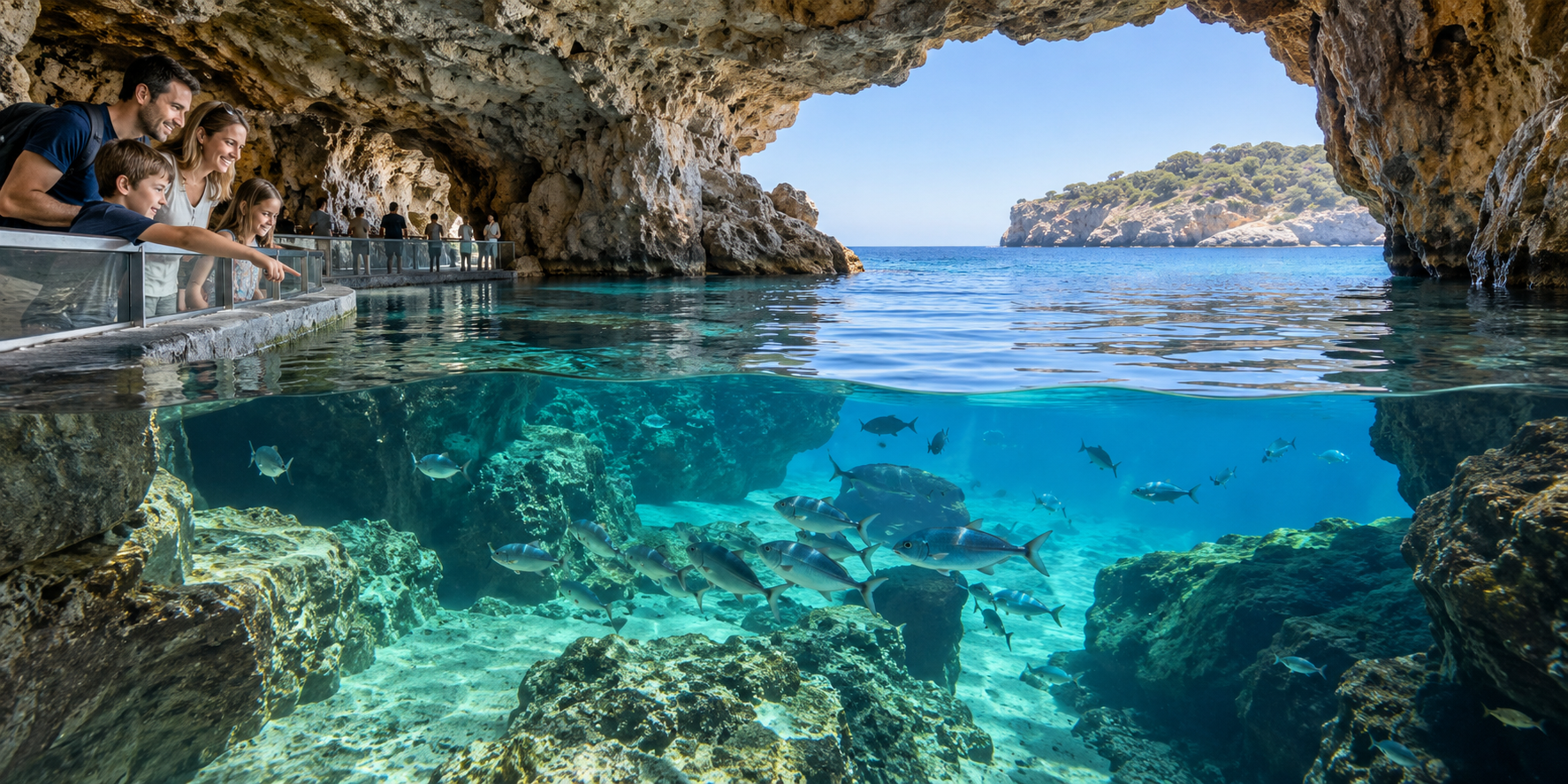 Aquarium Cap Blanc à San Antonio installé dans une grotte marine naturelle avec poissons méditerranéens