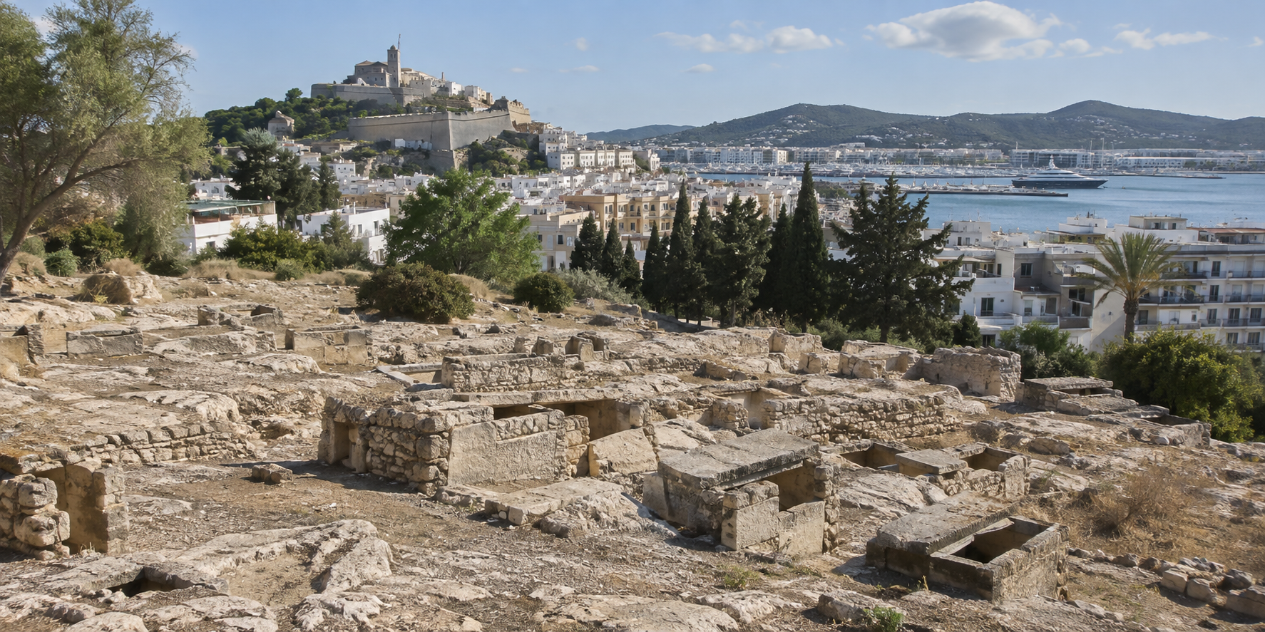 Nécropole de Puig des Molins à Ibiza Ville avec vestiges archéologiques et Dalt Vila visible au loin