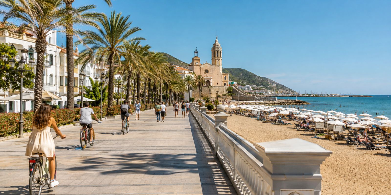 Promenade maritime de Sitges avec palmiers, cyclistes, plage et vue sur l’église face à la Méditerranée