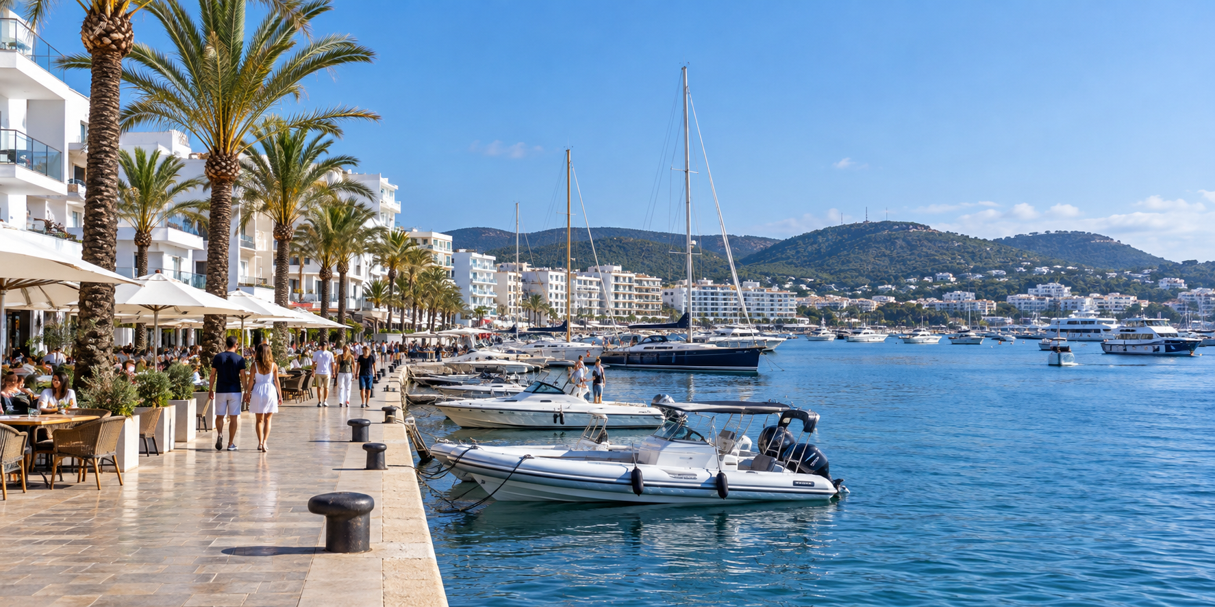 Promenade du port de San Antonio à Ibiza avec palmiers, terrasses, bateaux et yachts dans la baie