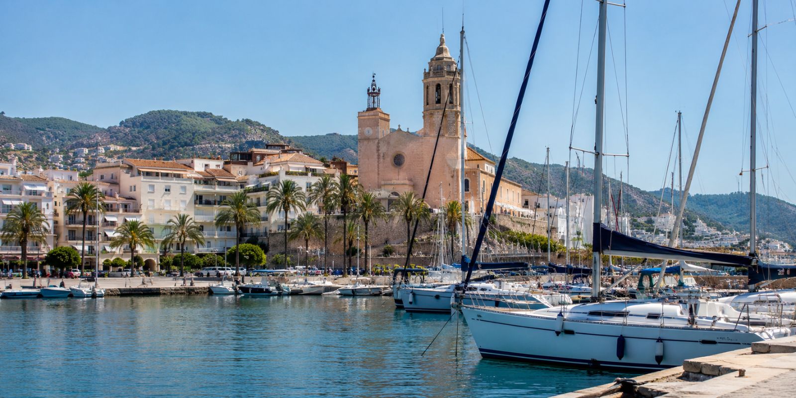 Port de Sitges avec voiliers, eau turquoise, palmiers et église Sant Bartomeu i Santa Tecla en arrière-plan