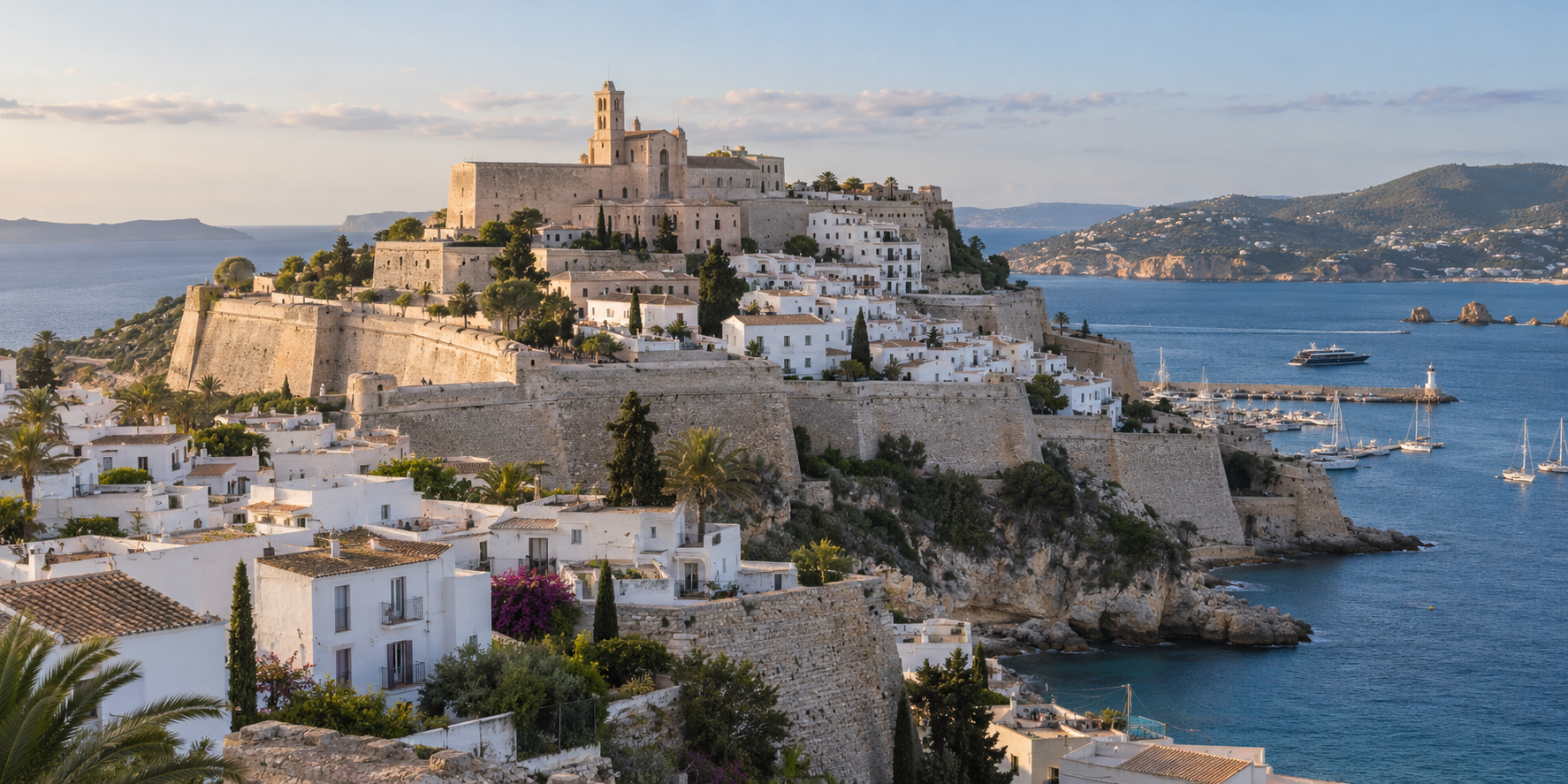 Dalt Vila à Ibiza Ville avec remparts historiques, maisons blanches et mer Méditerranée en arrière-plan