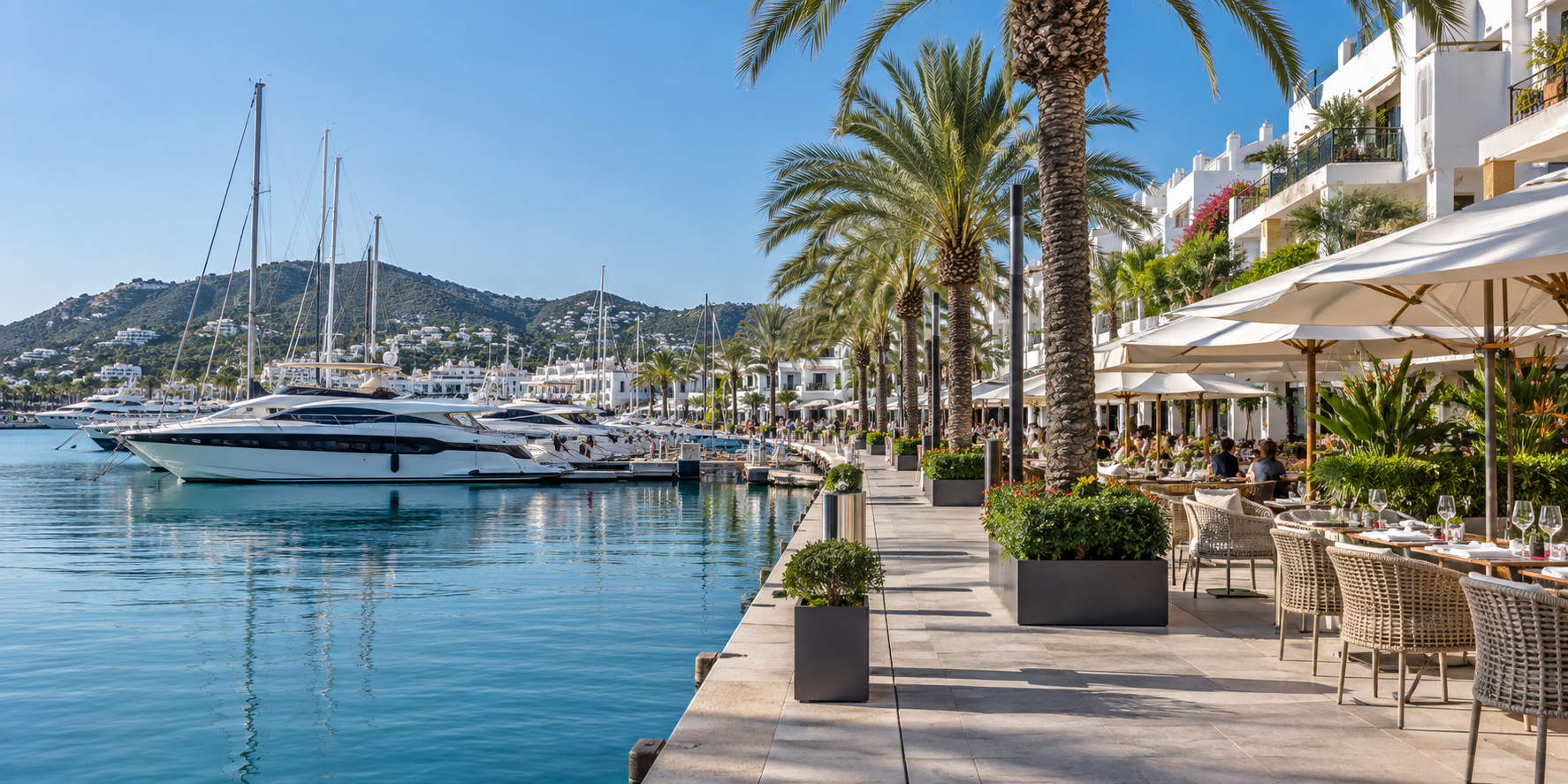 Marina de Santa Eulalia à Ibiza avec yachts, palmiers, restaurants et promenade au bord du port