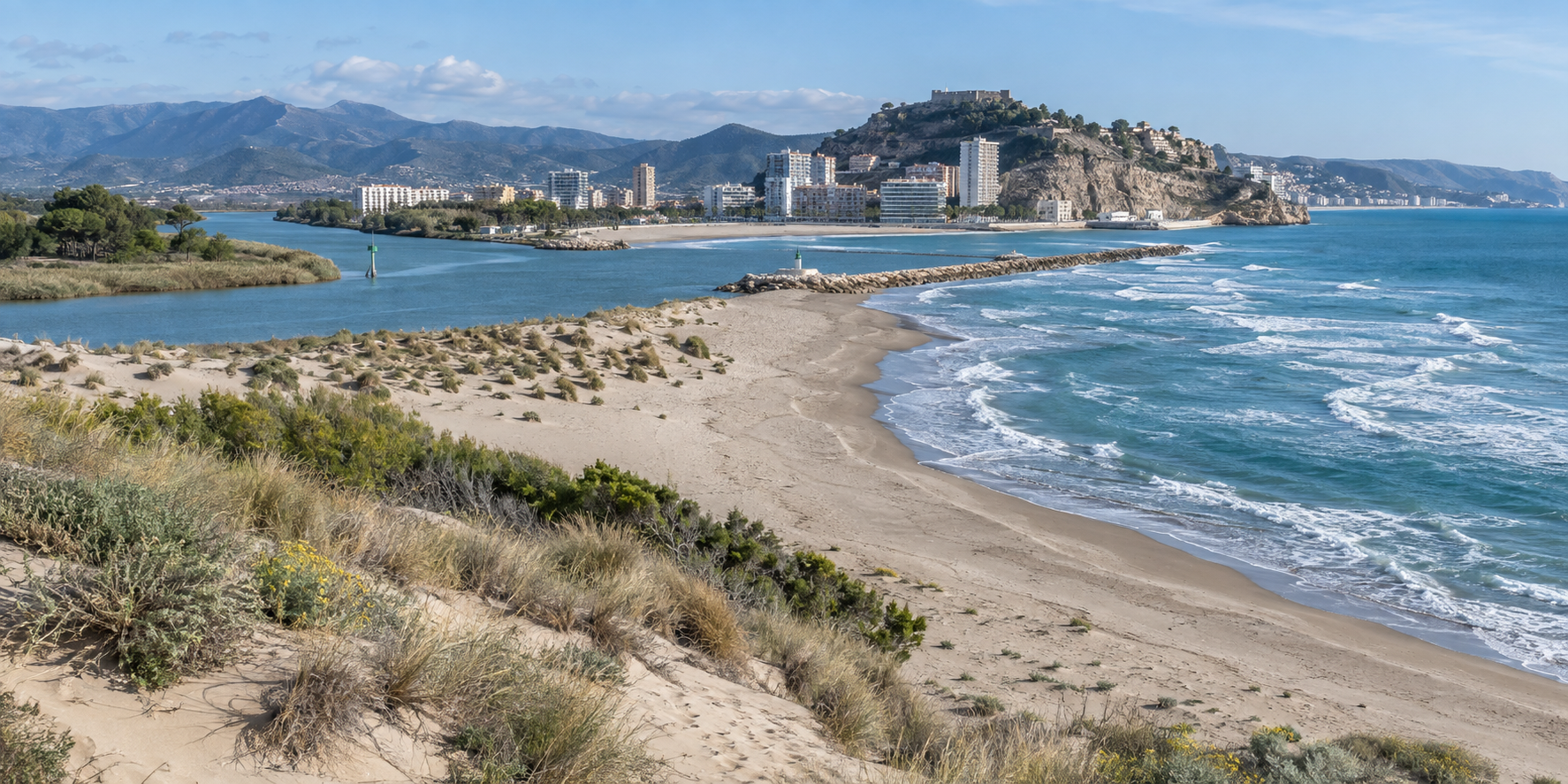 Plage naturelle et dunes près de l’embouchure du Júcar à Cullera avec château en arrière-plan