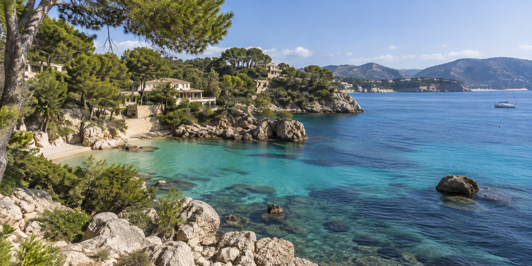 Baie de Cala Fornells à Majorque avec crique rocheuse, villas et mer cristalline