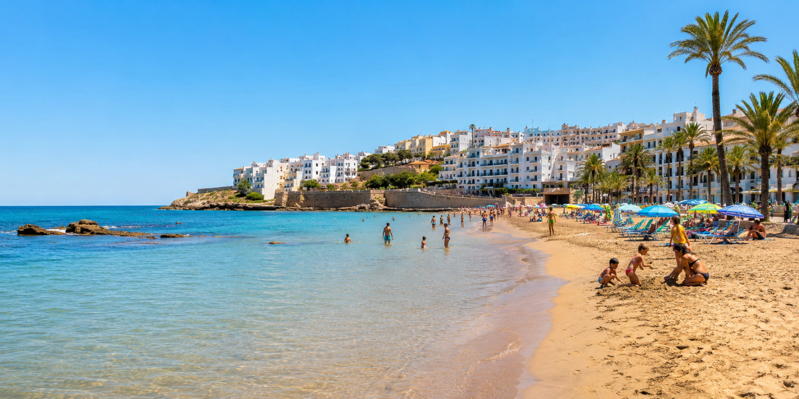 Plage d’Alcoceber avec eau turquoise, sable doré, palmiers et station balnéaire de la Costa del Azahar