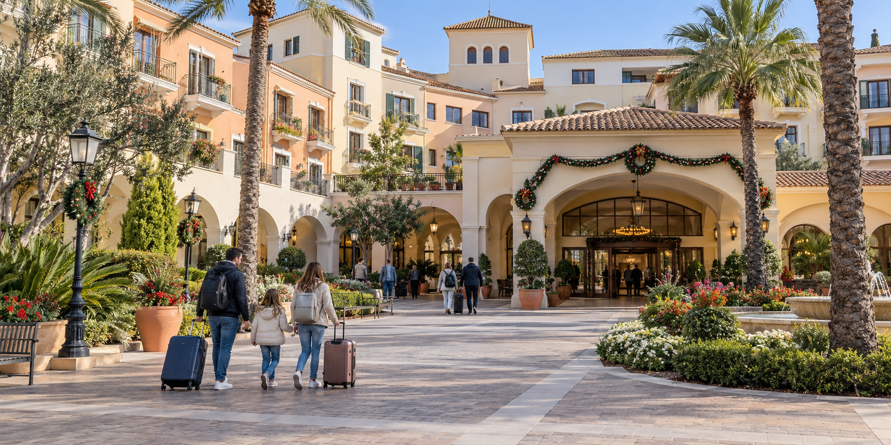 Arrivée dans un hôtel de PortAventura World décoré pour les fêtes de fin d’année