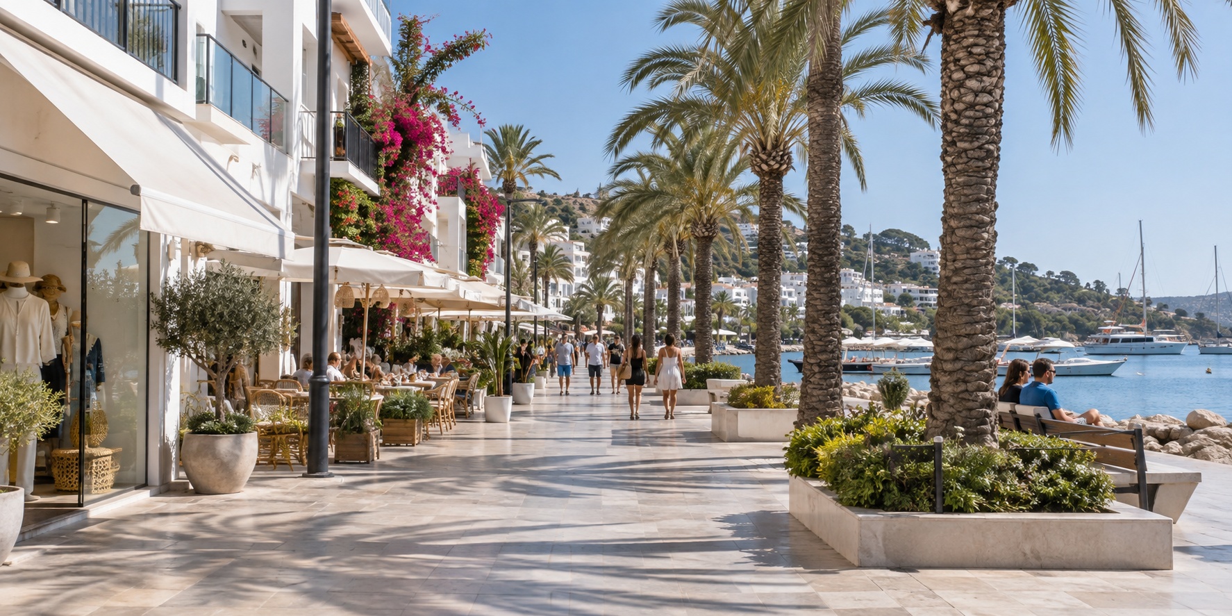 Promenade maritime de Santa Eulalia avec palmiers, boutiques, terrasses et marina en arrière-plan