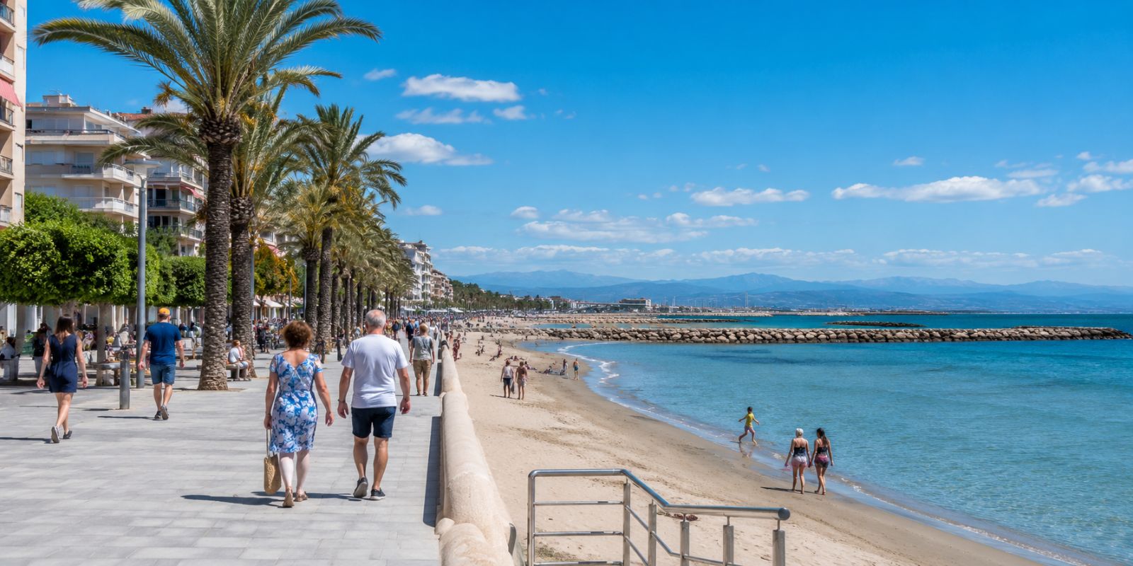 Promenade en bord de mer à Sant Carles de la Ràpita avec plage, palmiers et eau turquoise