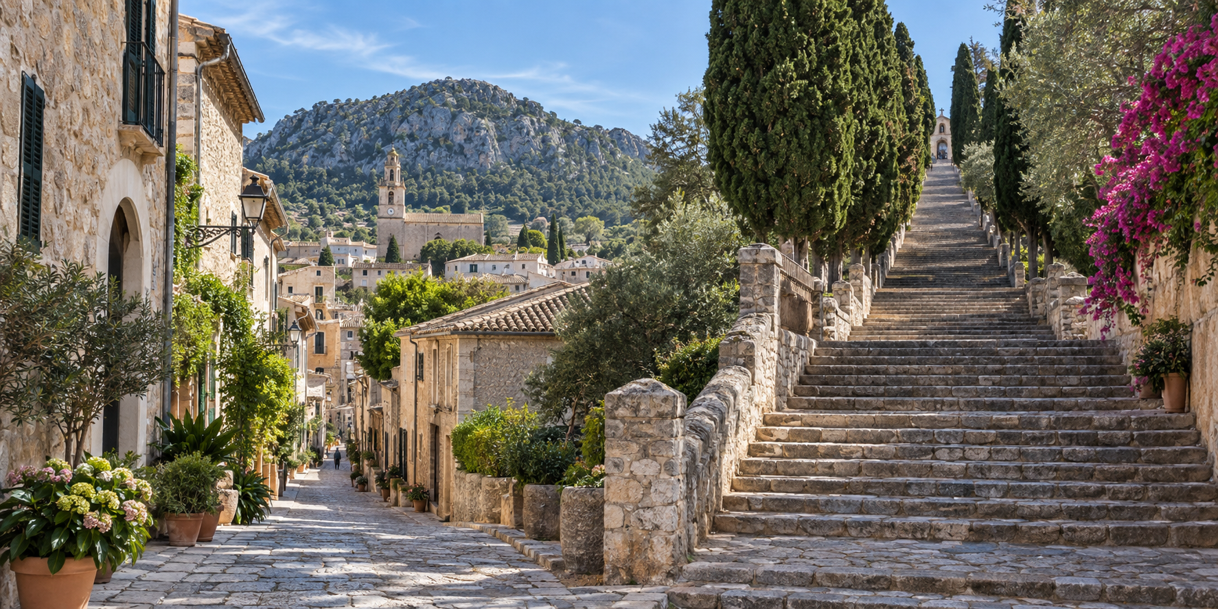 Vieille ville de Pollença avec ruelles en pierre, cyprès et escalier du Calvari à Majorque