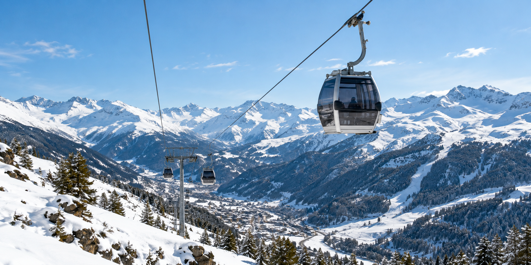 Télécabine au-dessus des montagnes enneigées d’Andorre en hiver