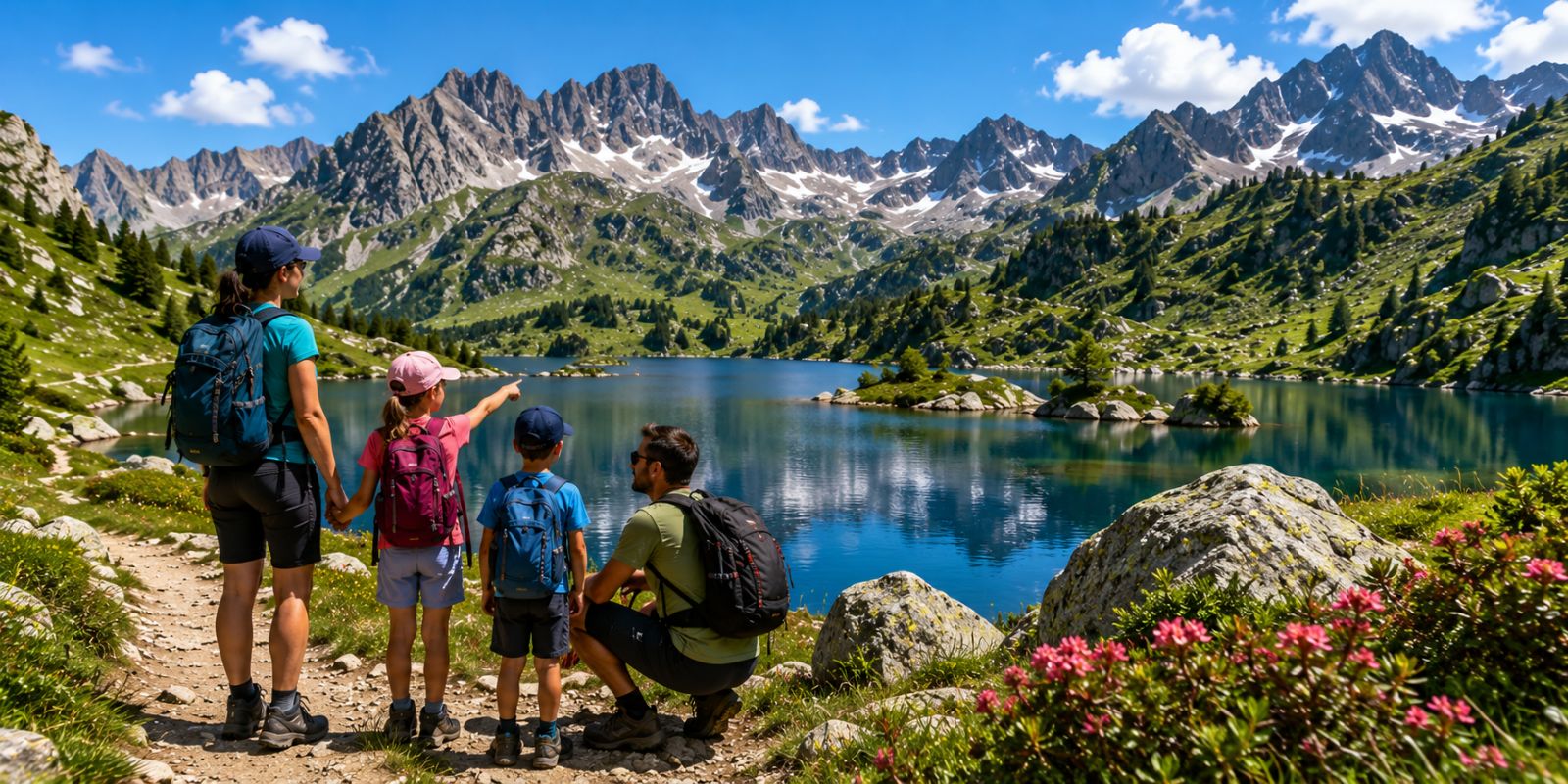 Famille admirant un lac alpin