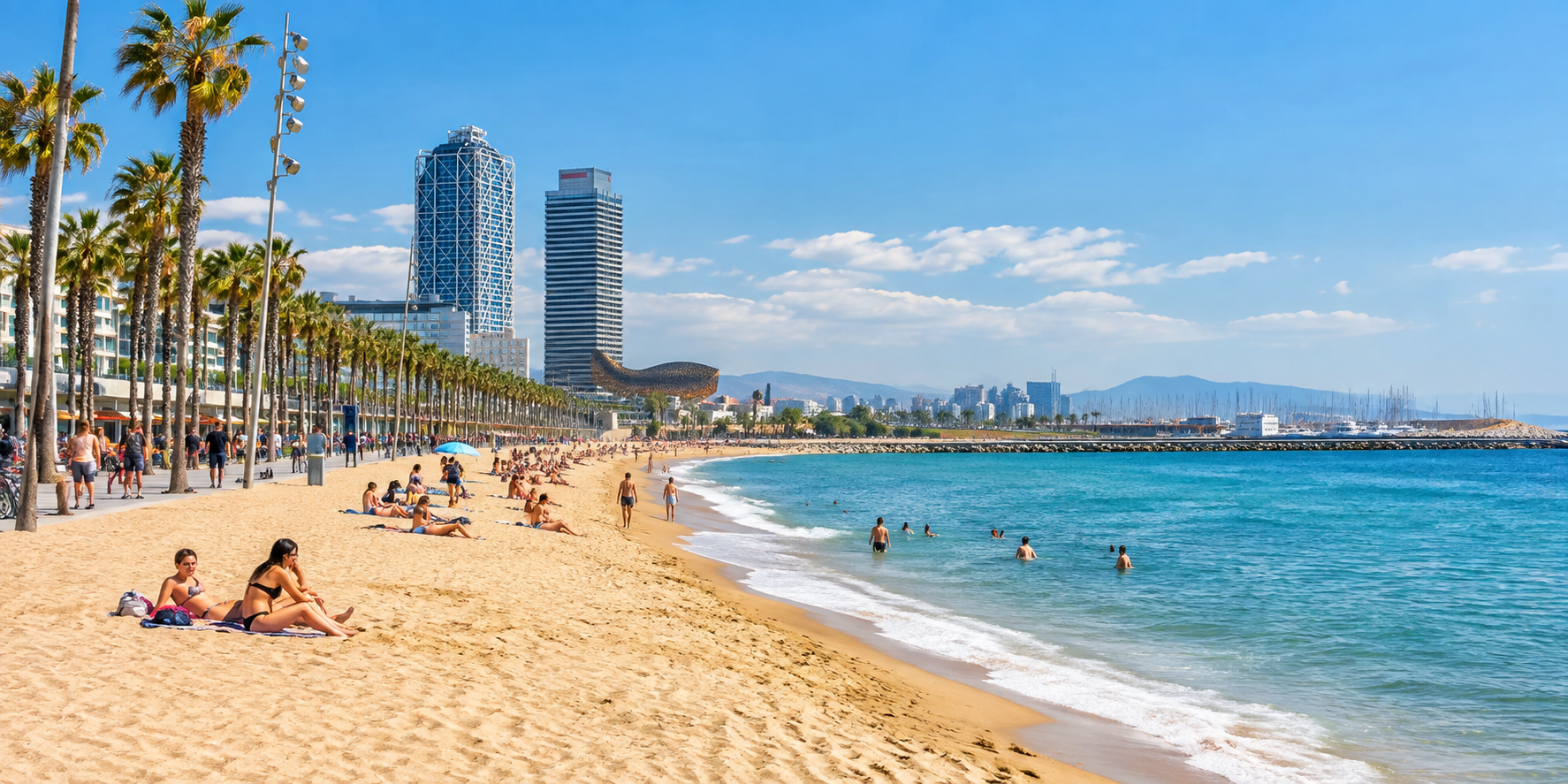 Plage de Barcelone avec sable doré, palmiers, promenade maritime et mer Méditerranée