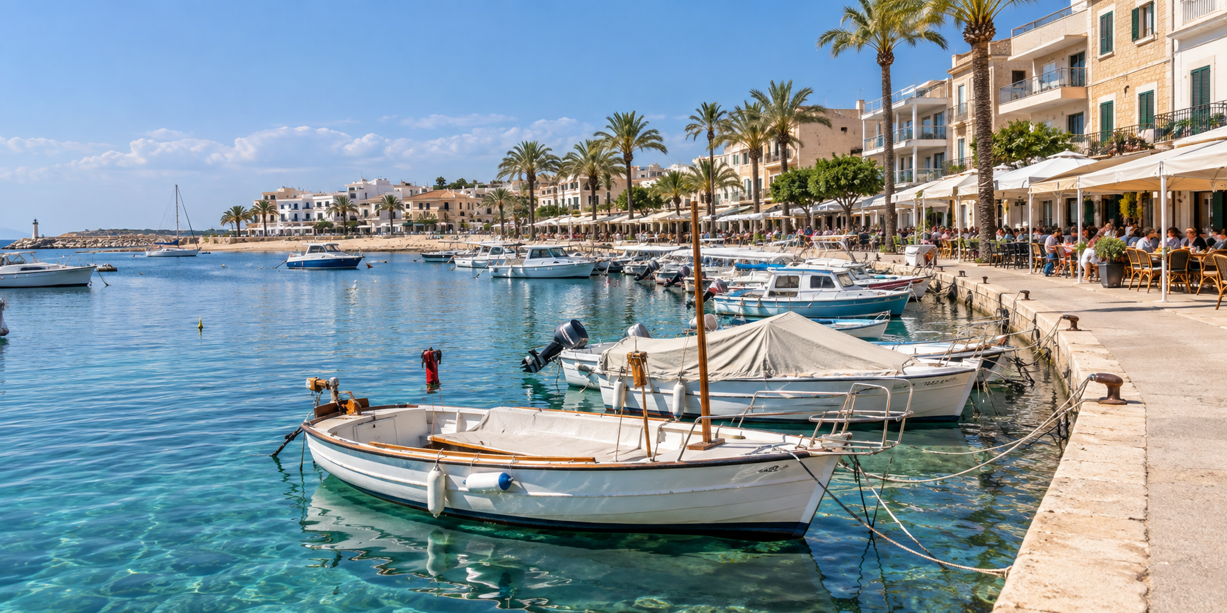 Port de Colonia Sant Jordi avec bateaux de pêche, voiliers, palmiers et terrasses face à la Méditerranée