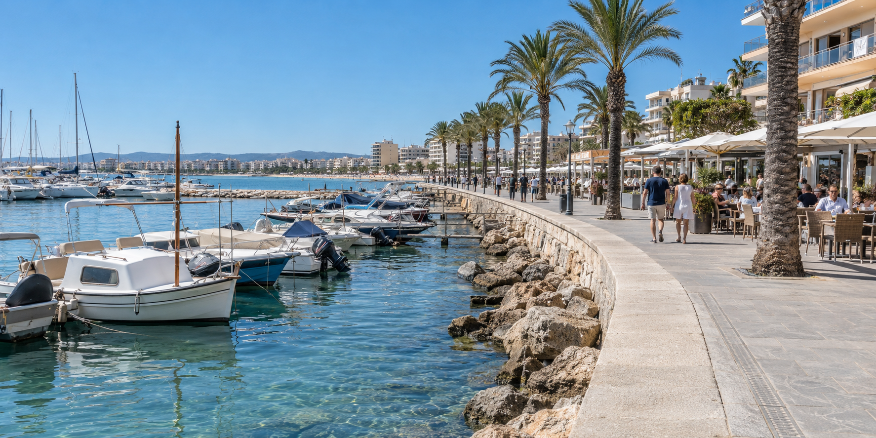 Port de Can Pastilla avec bateaux, promenade maritime, palmiers et restaurants face à la mer