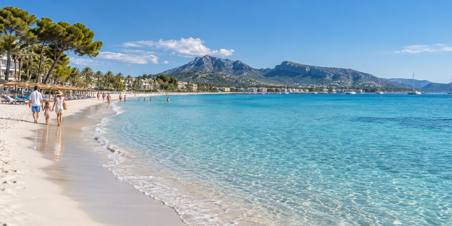 Plage d’Alcúdia à Majorque avec sable blanc, eau turquoise et montagnes en arrière-plan