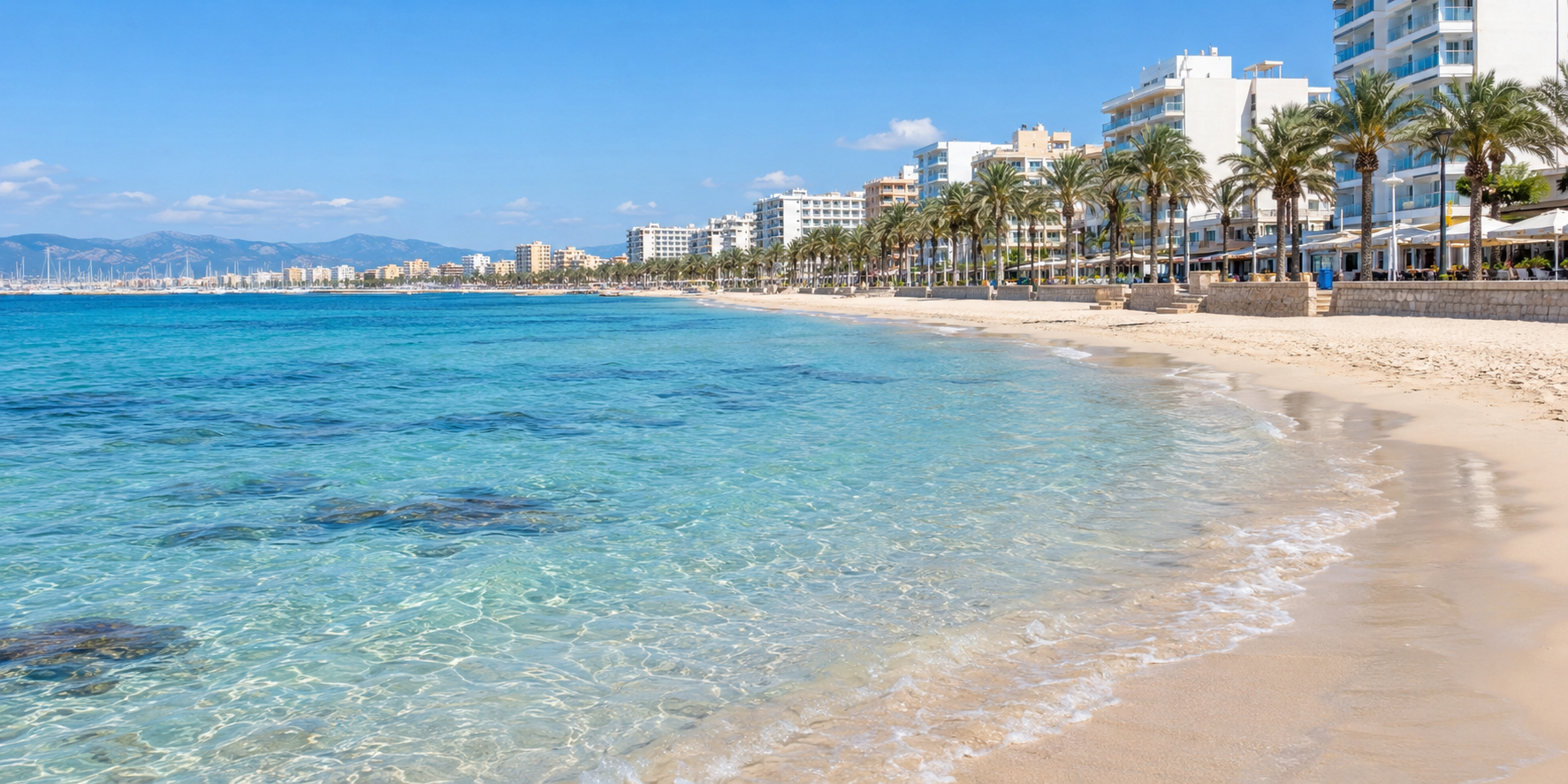Plage de Can Pastilla à Majorque avec eau turquoise, sable clair, palmiers et hôtels en bord de mer