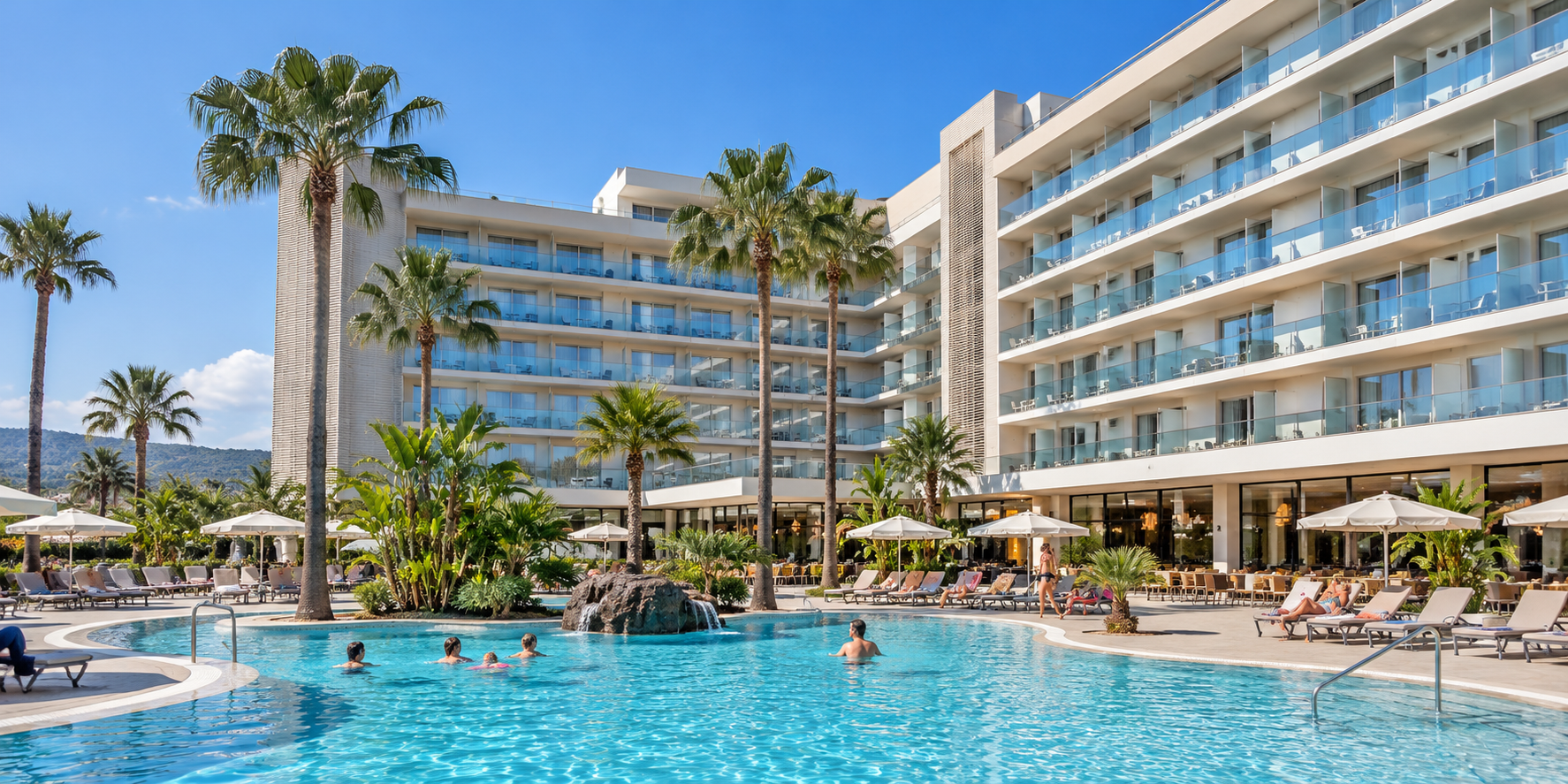 AQUA Hotel Aquamarina & Spa à Santa Susanna avec grande piscine extérieure et palmiers